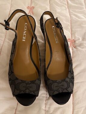 Coach Gray and Black Signature Slingback Peep-Toe Heels